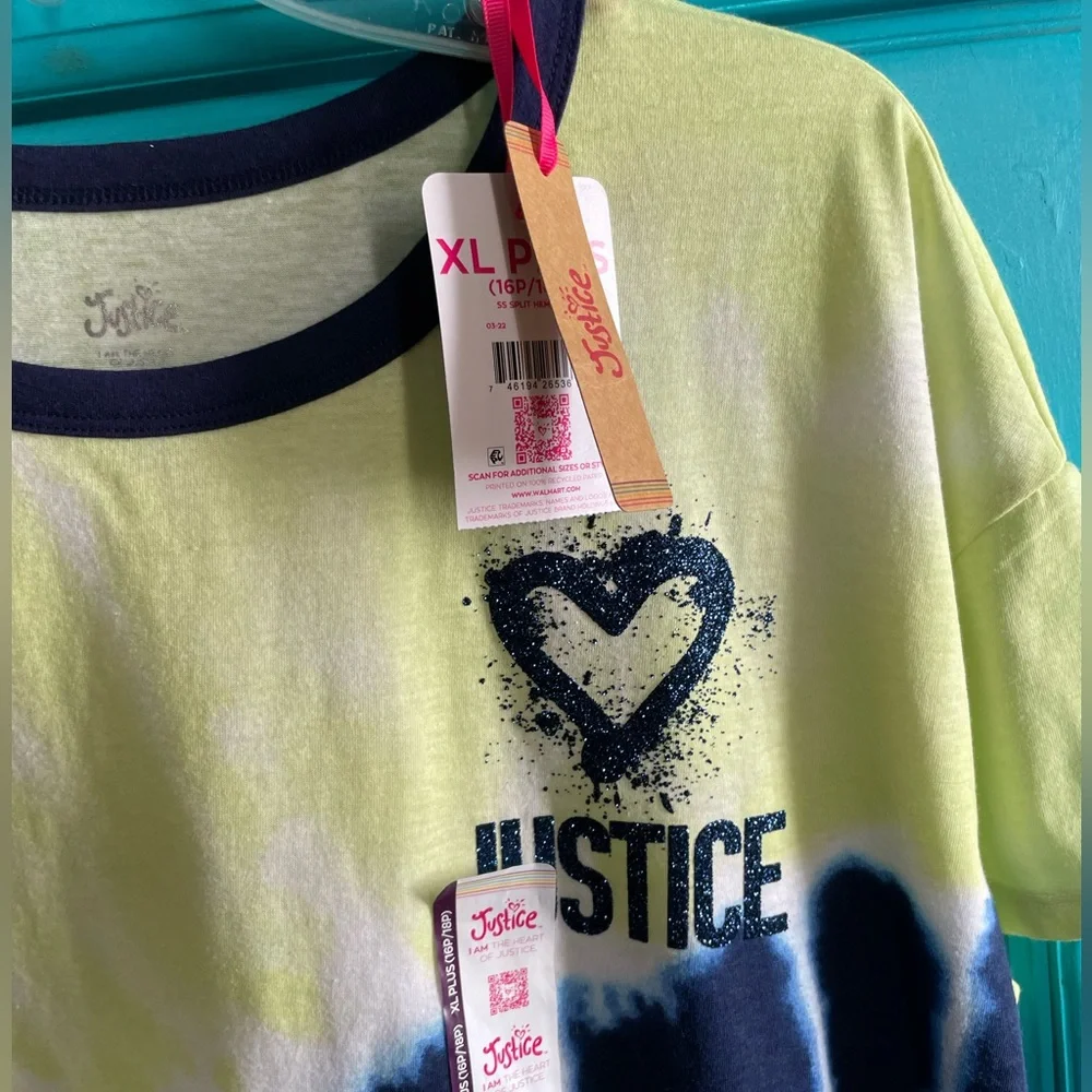 Justice Girls' XL PLUS  Boxy Split Hem Tie-Dye T-Shirt  Retro Fun Colorful Heart